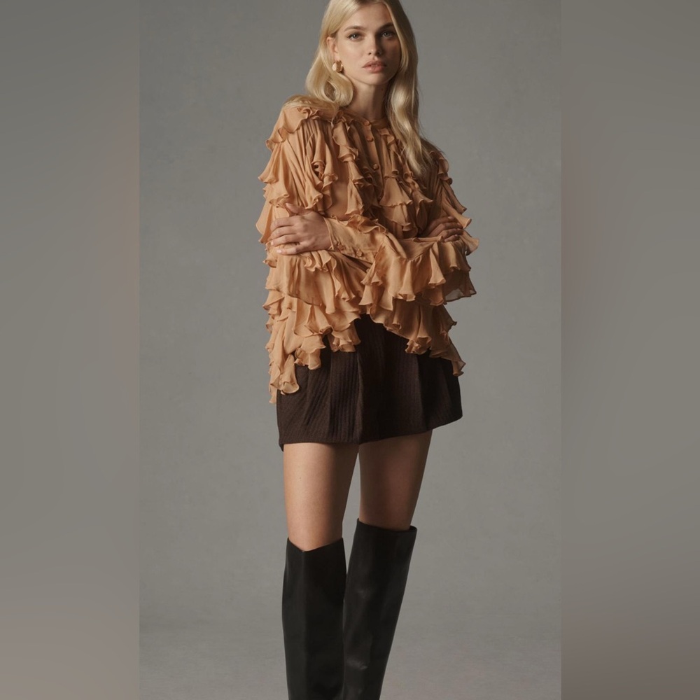 NEW- Sheer Ruffle Buttondown Blouse - Size -  XS